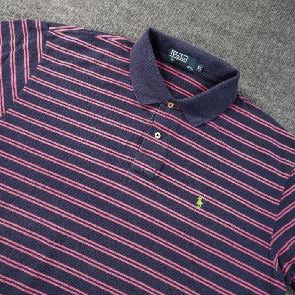 Vintage Polo Ralph Lauren Polo Shirt Mens XL Navy Pink Striped Short Sleeve Logo